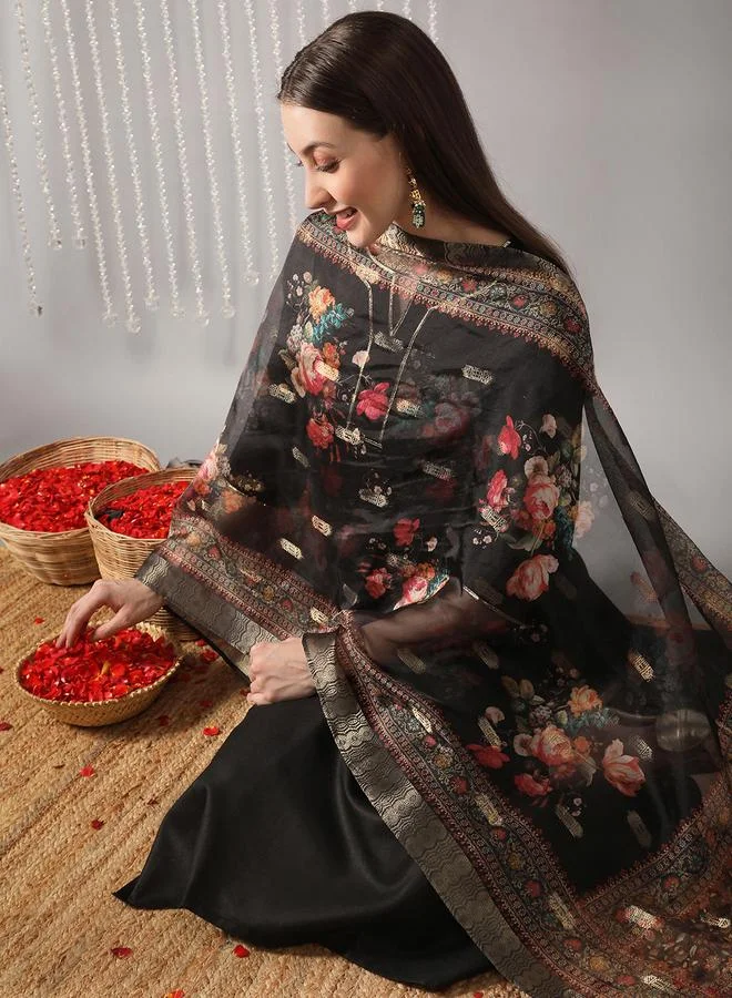 Globus  Women Black Straight Kurta with Pant and Floral Print Dupatta Set for Women | Best Price UAE
